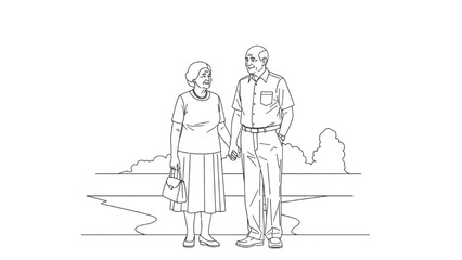 Obraz premium Elderly couple standing by serene water with 2D CAD illustration of trees