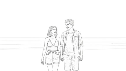 Obraz premium Couple walks on beach in 2D CAD style illustration together