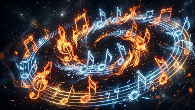 fiery explosion of fire. Fire and ice symphony exploding across a dark background, glowing neon music lines, swirling elemental energy, fantasy cinematic style.