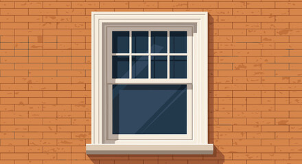 Fototapeta premium Classic white window frame set in a textured orange brick wall, providing a clean architectural view for construction and home design concepts.