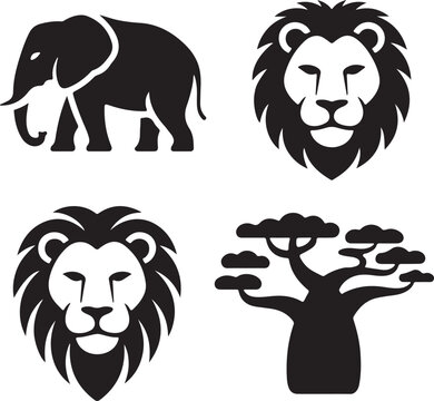 African safari animal and tree icons featuring an elephant, lion faces, and a distinctive baobab silhouette
