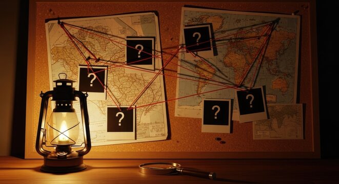Conspiracy theory investigation board with map lantern and magnifying glass