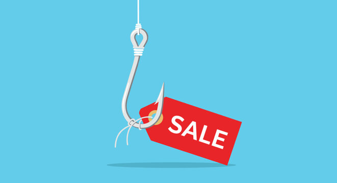 Large metal fish hook with a red sale tag attached, symbolizing marketing strategies used to attract customers and capture retail interest.