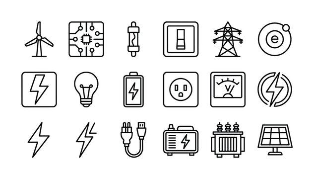 Collection of electrical energy and power icons in a clean, modern line art style