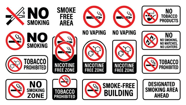 No smoking sign set with tobacco prohibited labels, nicotine free zone icons and vaping ban symbols, red and black warning stickers vector collection isolated PNG with Transparent Background