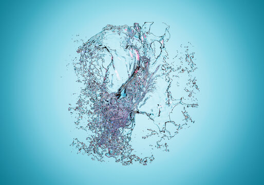 A highly detailed 3D rendered water splash captured at a frozen moment in time, set against a clean light turquoise background. The water forms a complex, almost figurative or sculptural shape
