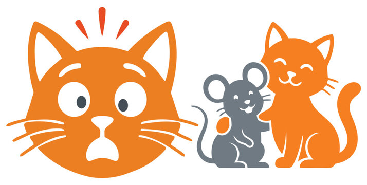 Shocked cat face watching an unlikely friendship between a cat and a mouse