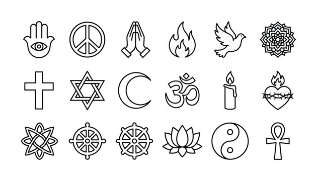 Collection of religious and spiritual symbols in a clean line art style
