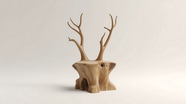 Wooden Sculpture of a Tree Stump with Antler-Like Branches on White Background.