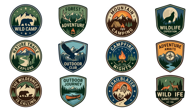 Vintage outdoor adventure badges, set of 12 camping and wildlife vector emblems, retro mountain exploration and forest hiking labels isolated PNG with Transparent Background