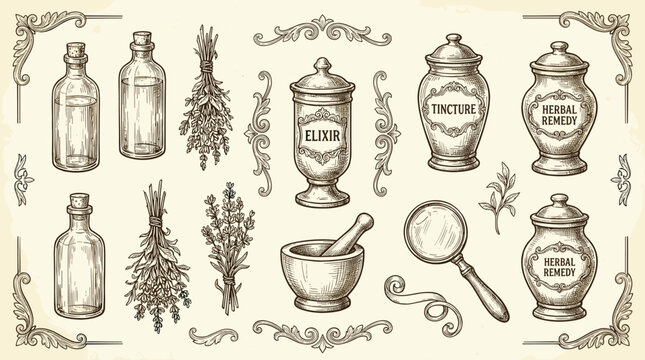Vintage apothecary collection with bottles, jars, and herbs for remedies
