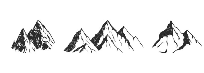 Obraz premium Doodle sketch style of mountain set. Landscape hand drawn. Rocky hills, ranges. Expedition or adventure vintage illustration.