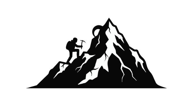 Climber ascends a steep mountain peak while using an ice axe to navigate the rugged snowy terrain.
