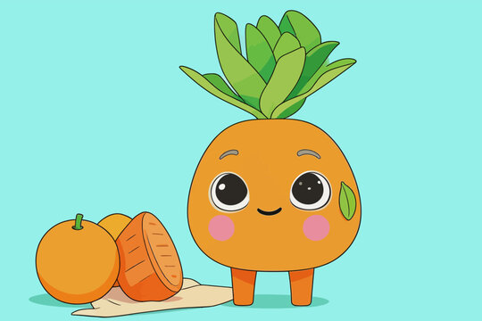 Cute cartoon vegetable and fruit characters on light blue background