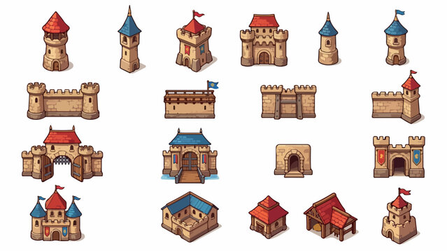 Pixel art medieval castle set, 18 retro game building icons, isometric fantasy fortress towers and stone walls vector collection for RPG map design isolated PNG with Transparent Background