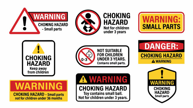 Choking hazard warning labels set, safety signs for small parts and toys, red and yellow danger stickers for children under 3 years, 9 vector icons isolated PNG with Transparent Background