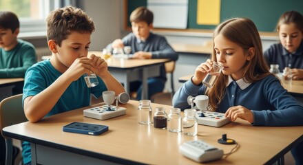 Fototapeta premium Elementary students actively engaging in science experiments and learning in a classroom setting