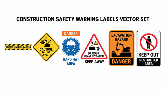 Construction safety warning labels vector set, industrial danger signs for work sites, caution falling objects and hard hat area icons isolated PNG with Transparent Background