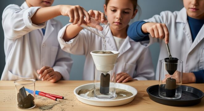 Children in white lab coats conducting a water filtration science experiment with sand and soil