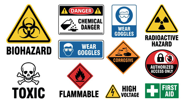 Industrial safety warning signs collection, biohazard and chemical danger labels, toxic and radioactive hazard vector icons set isolated PNG with Transparent Background