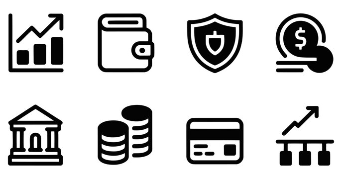 Ultra minimal black and white finance icon set, 7&ndash;8 icons, super clean vector