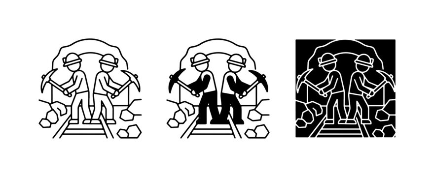 Miners, Coal Mining, Industry Icons, Vector Set, Black and White Graphics