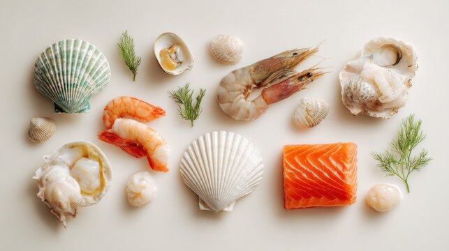 Seafood arrangement shrimp scallops and salmon