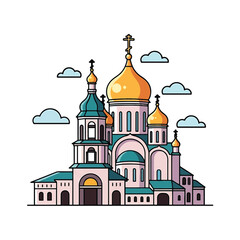 Fototapeta premium Large ornate church with golden domes.
