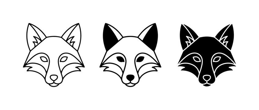 Fox Head Icons, Minimalist Animal Graphics, Black and White Vector Art, Wild Mammal Faces