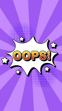 Oops text word lettering popup comic cartoon reveal with bomb and smoke explosion manga anime book page dots radial speed lines doodle lavender background seamless loop vertical animation retro