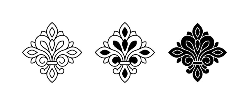 Fleur de Lis Ornaments, Vintage Decorative Elements, Classic Heraldic Designs, Black and White Vector Set