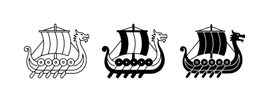 Viking Ship Icons, Norse Longboat Vector Art, Scandinavian Dragon Head Ship Graphics
