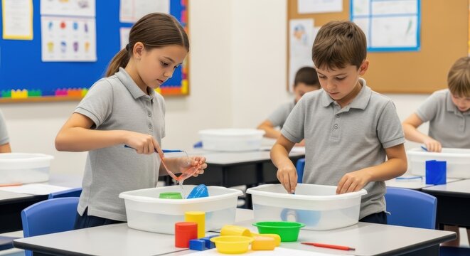 Children engaged in a hands-on science experiment in a brightly lit classroom setting, fostering curiosity and active learning among students.