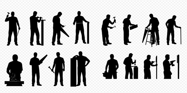 Set of black silhouettes of carpenters and handymen working with various tools and wood.
