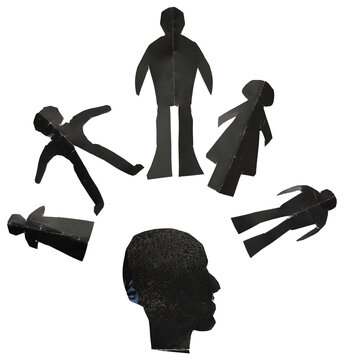 Mental Health and Family Issues Concept: Black Paper Silhouette Figures and Human Head on Transparent Background