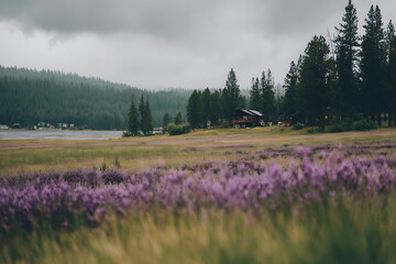 Fototapeta premium Wooden Cabin Near Pine Forest and Purple Wildflower Field Landscape