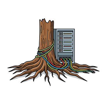 Tree trunk with colorful computer wires.