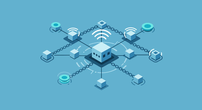 Decentralized Network Blockchain Technology Concept, Digital Cubes Connected by Chains