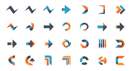 Fototapeta premium Large collection of various directional arrow icons and navigation symbols in blue and orange colors for web design.