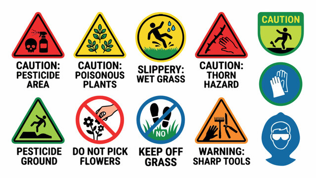Garden safety warning signs and caution labels, set of 12 landscaping hazard icons, pesticide and sharp tool alert symbols for outdoor maintenance isolated PNG with Transparent Background