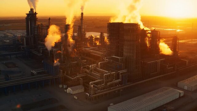 Aerial tracking slow motion dolly shot of industrial refinery emitting steam and flames at sunset over flat landscape