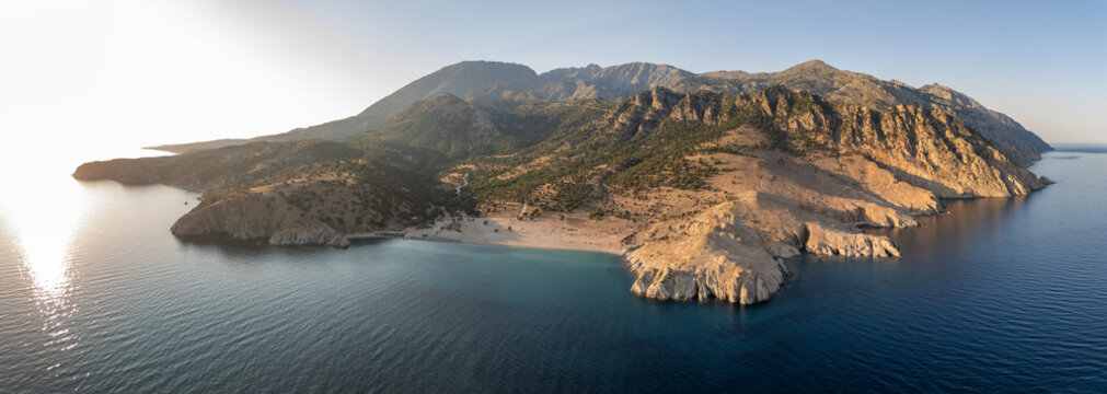 Aerial View of Pachia Ammos Beach at Sunset Samothraki Greece