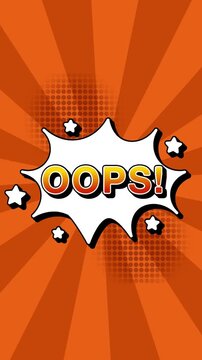 Oops text word lettering popup comic cartoon reveal with bomb and smoke explosion manga anime book page dots radial speed lines doodle background seamless loop vertical animation retro