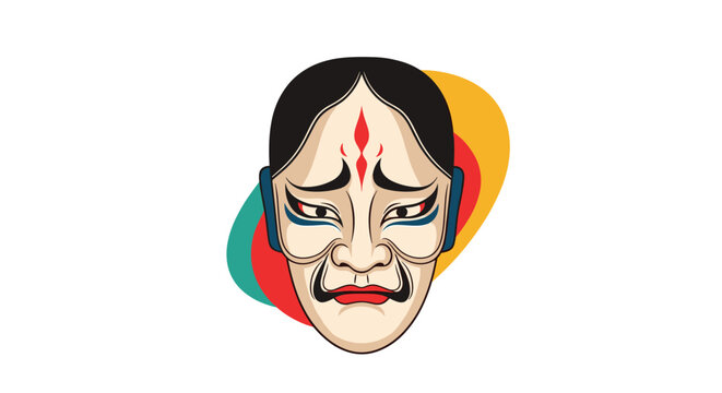 Traditional Japanese kabuki mask with white face and dramatic red makeup patterns for theater and cultural art.