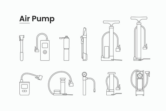 Various types of air pump line art vector illustration. Portable and electric bicycle pump icons set. Collections of bike pumps