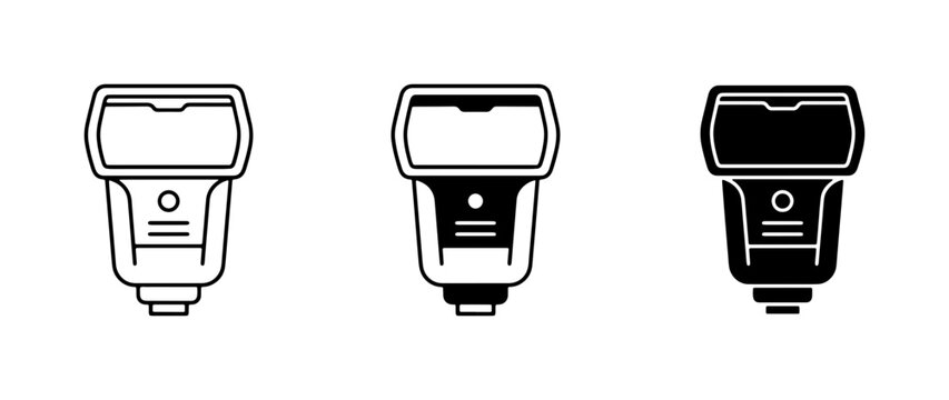 Camera Flash Icons Set, Photography Equipment Vector Graphics, Lighting Gear Illustrations