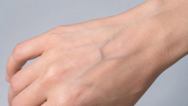 Photorealistic Lower Limb Skin with Subtle Natural Subdermal Branching Veins, Bluish Green Superficial Venous Pattern, Clinical Dermatology Close Up, Medical Teaching Image