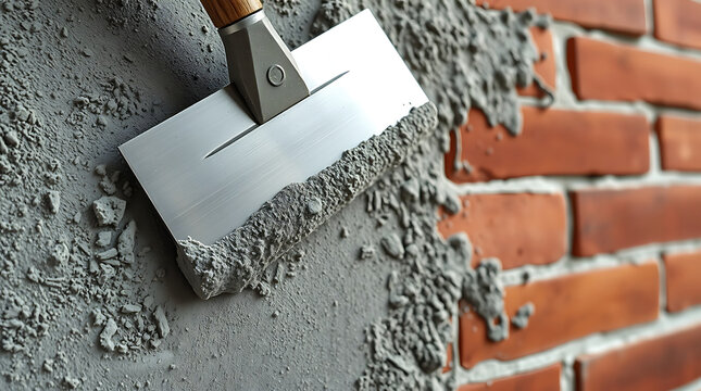 Professional Construction Tool Spreading Fresh Concrete Mortar Over Brickwork In Modern Loft Style Interior