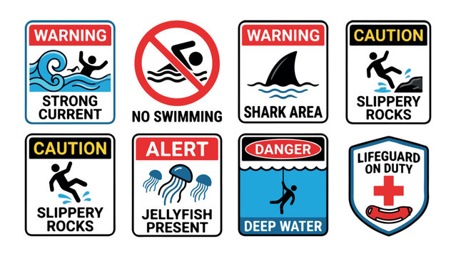 Beach safety warning signs collection, ocean hazard alert icons set, 8 water danger and caution placards for coastal security and public awareness isolated PNG with Transparent Background