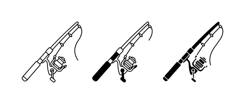 Fishing Rod Icons, Spinning Reel Gear, Outdoor Sport Equipment, Vector Set